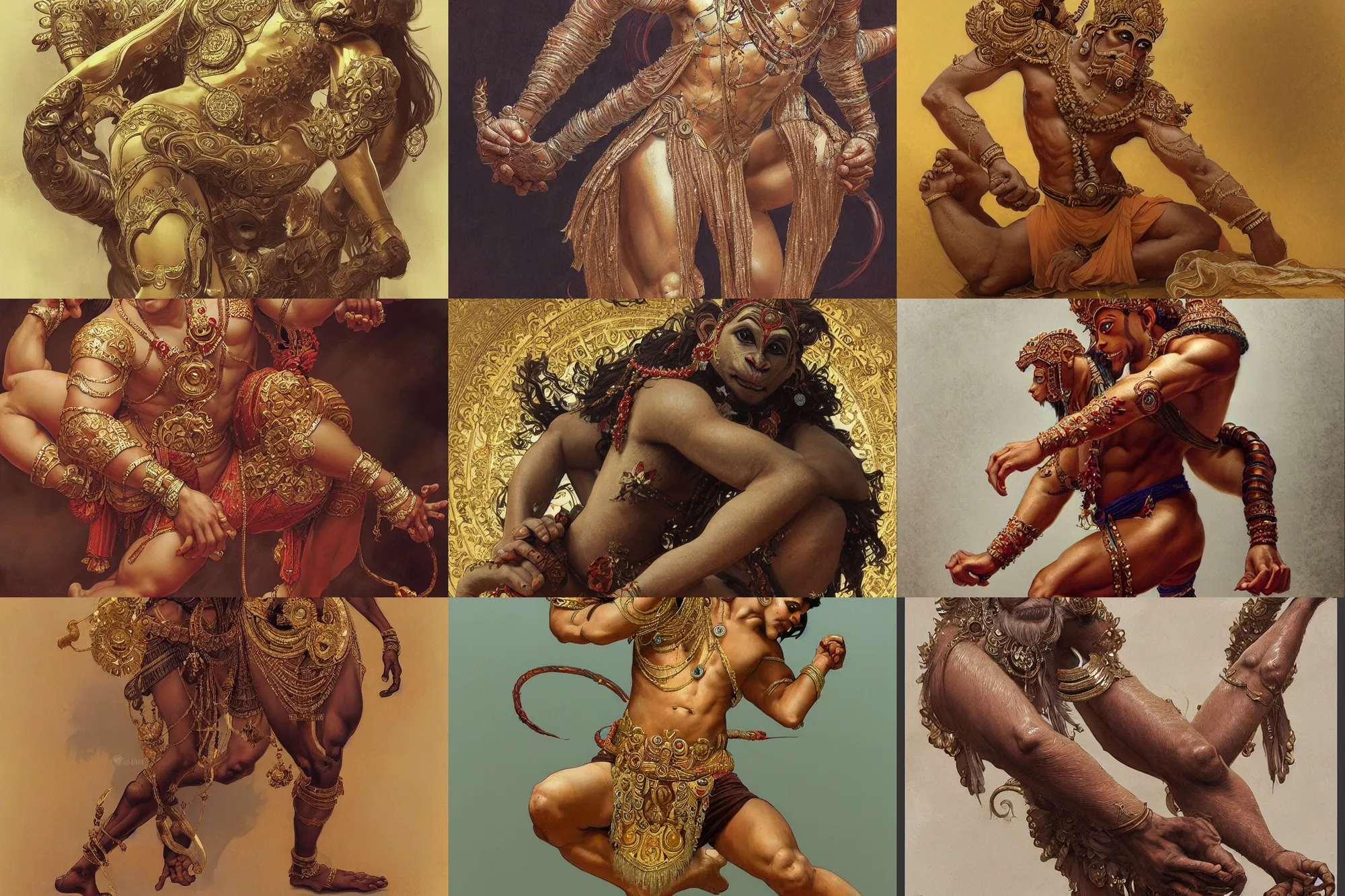 Prompt: a full body portrait of a beautiful ornated hanuman god, doing a side split!!!!!, intricate, elegant, highly detailed, digital painting, artstation, concept art, smooth, sharp focus, digital illustration, art by krenz cushart and artem demura and alphonse mucha