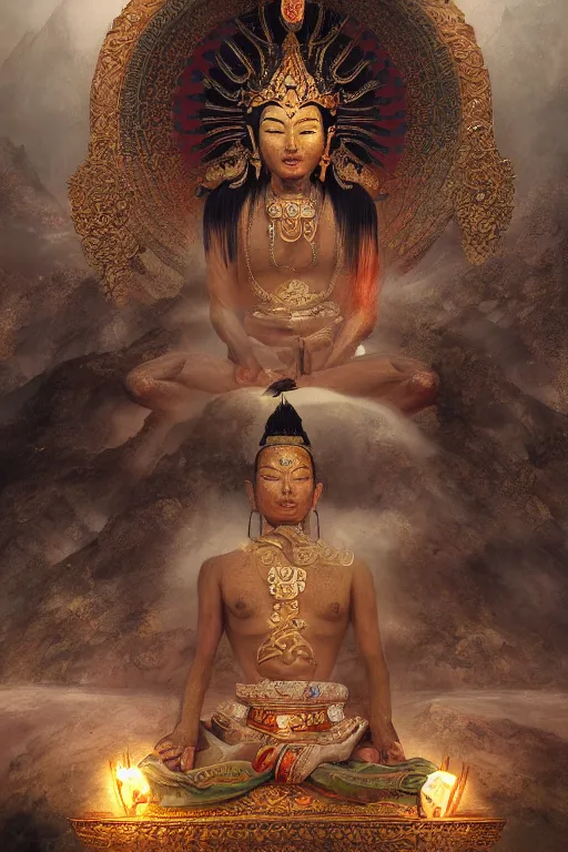 Image similar to Tibetan god, portrait, powerfull, intricate, elegant, volumetric lighting, scenery, digital painting, highly detailed, artstation, sharp focus, illustration, concept art, ruan jia, steve mccurry