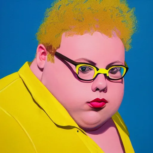 Prompt: colorful and festive cute young plus size todd solondz with tan skin, clear sharp todd solondz face, wearing yellow floral blouse. full body, rich vivid pastel colors, ambient lighting, dynamic lighting, 4 k, atmospheric lighting, painted, intricate, highly detailed by francis bacon and charlie bowater