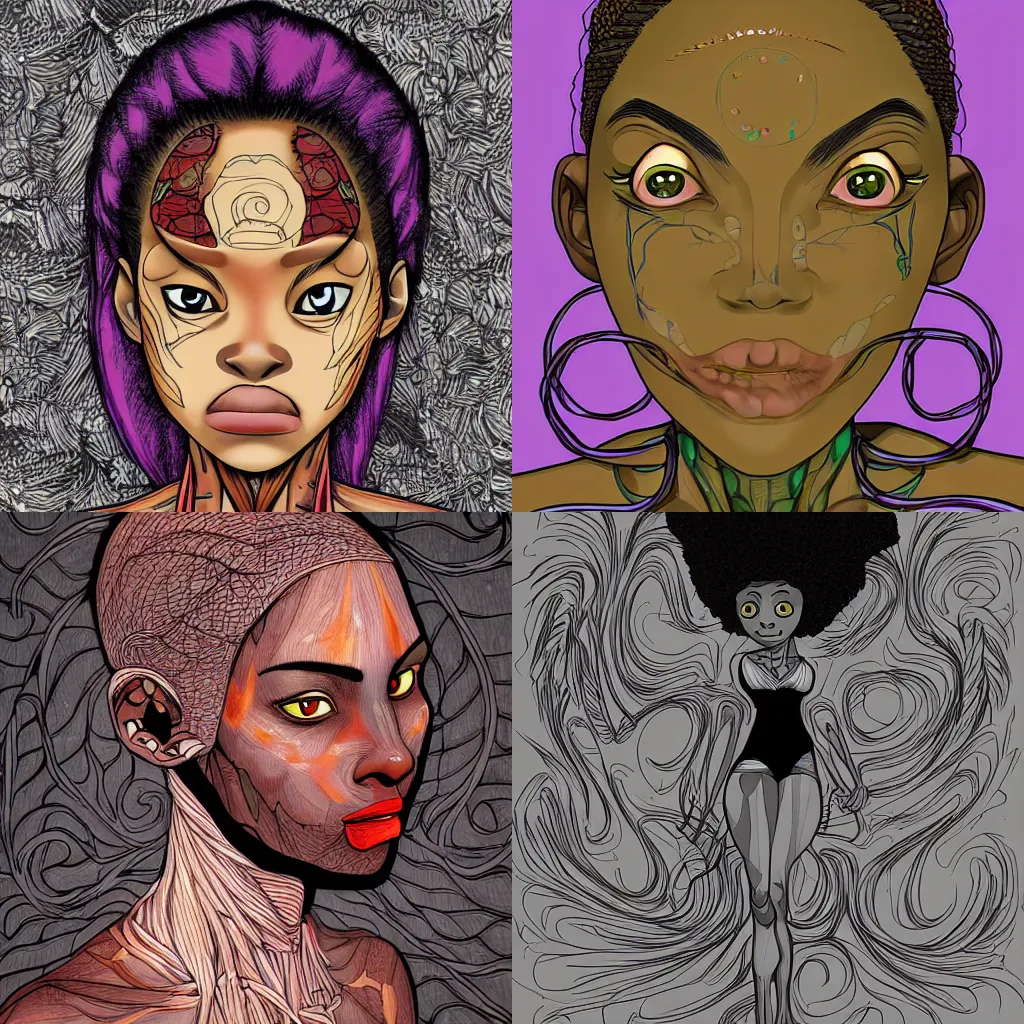 Prompt: makima, accurate anatomy, highly detailed, digital art, centered, portrait, in the style of junji ito