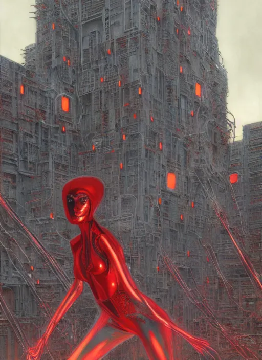 Image similar to Wanda Maximoff, dynamic pose, standing in a h.r. giger city, red, glowing, wires everywhere, by Edgar Maxence and Ross Tran, Zdzisław Beksiński, and Michael Whelan, distant, gustav dore, H.R. Giger, 8k, octane render