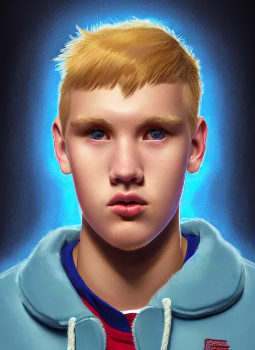 Image similar to portrait of high school senior boy named big moose, blonde short hair, jock, beefy, wide face, square jaw, square facial structure, blue varsity jacket with letter r, intricate, elegant, glowing lights, highly detailed, digital painting, artstation, concept art, sharp focus, illustration, art by wlop, mars ravelo and greg rutkowski