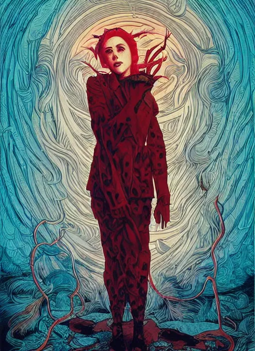 Prompt: poster artwork by Michael Whelan and Tomer Hanuka, Karol Bak of Kiernan Shipka dressed as satanist, from scene from Twin Peaks, clean