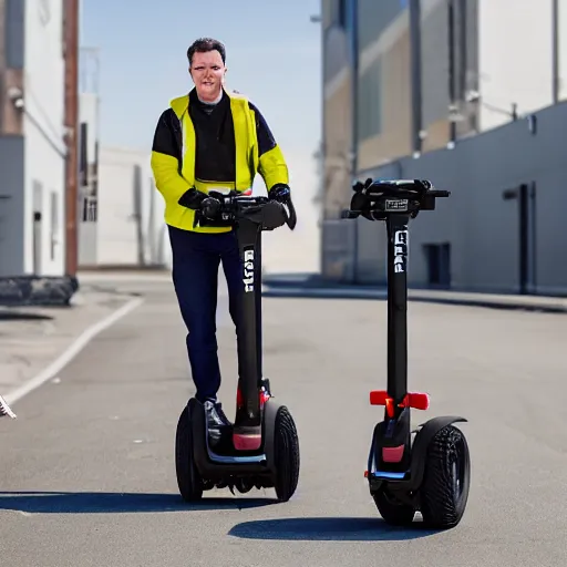 Prompt: human segway driving through an industrial environment delivering packages