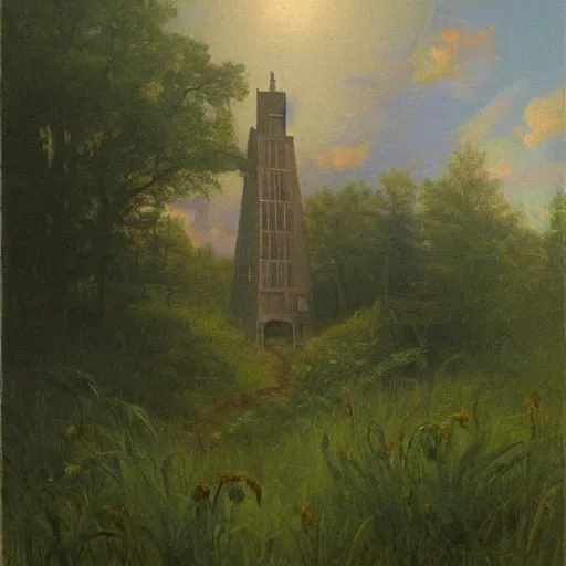 Image similar to Painting of the abandoned wizard\'s tower in the overgrown garden. Unknown Hudson River School artist.