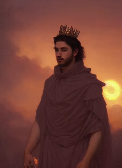 Image similar to oil painting of a handsome young man with dark hair, wearing a crown of fire!! at sunset, and a long cloak, hazy, digital art, chiaroscuro, artstation, cinematic, golden hour, digital art painting by greg rutkowski, william - adolphe bouguereau, hazy atmosphere, cinematic lighting