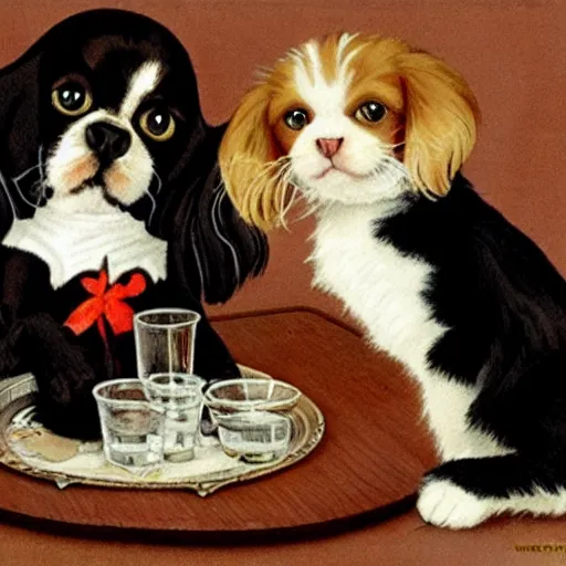 Image similar to Cavalier King Charles Spaniel, two ragdoll kittens and one black cat drinking beer in the style of norman rockwell