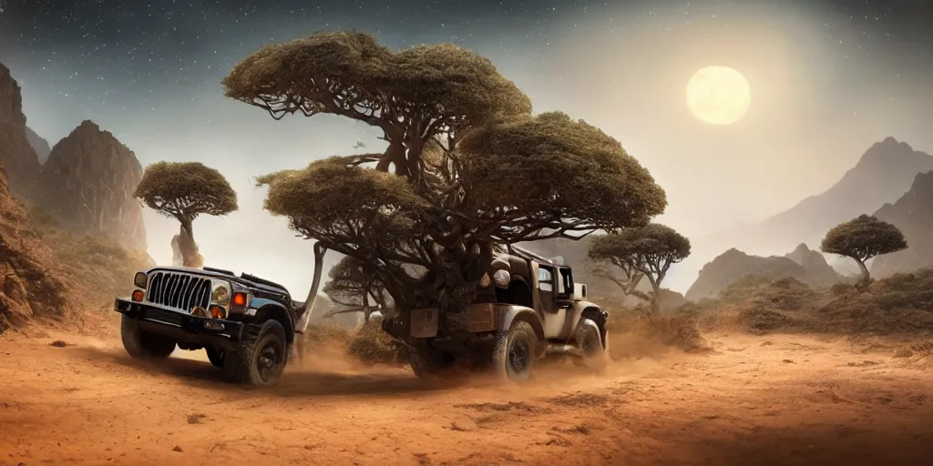 Image similar to mahindra thar riding through moonlit socotra island with dragon trees, starry night, chasing action scene, epic fantasy, sharp focus, trending on ArtStation, masterpiece, by Greg Rutkowski, by Ross Tran, by Fenghua Zhong, corona render, soft render, ultrarealistic, colorful, cinematic, shadow of the tomb rider