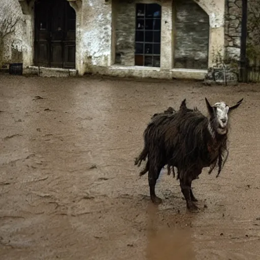 Image similar to horror, moody, still from film, daytime, muddy village square, wide shot, roaring mutant goat monster, powerful and huge, creeping on legs with hands instead of feet, filthy jagged teeth in gaping mouth, matted dirty fur, in muddy medieval village square