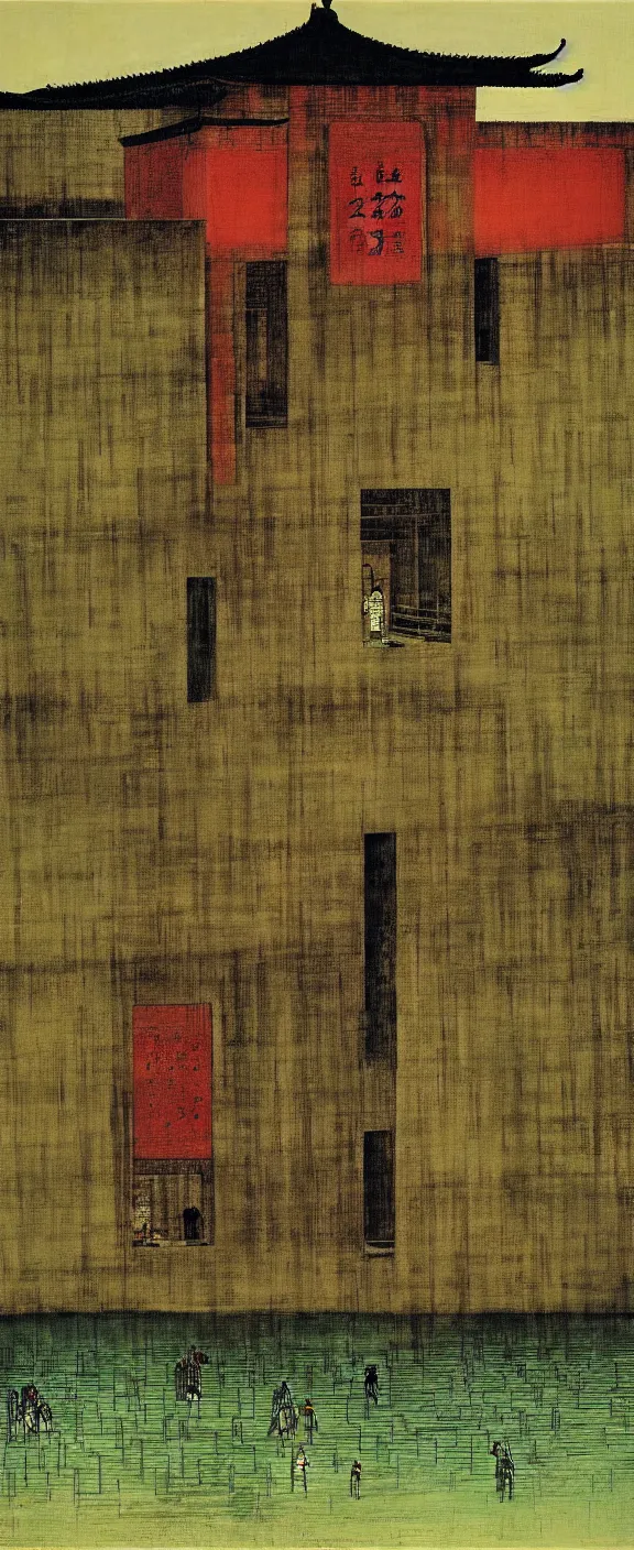 Image similar to a chinese prison near a river by peter doig, muted colors