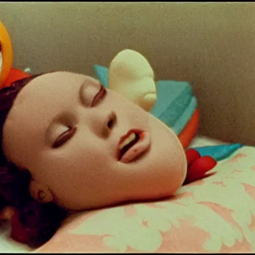 Image similar to woman who has given birth to a squishy inflatable toy, in hospital bed, Fellini film, 1974 archival footage, technicolor film expired film, 16mm, wacky children's tv