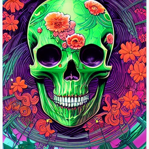 Prompt: ortographic view of a large skull with cybernetic modifications and vivid flowers by Jen Bartel and Dan Mumford and Satoshi Kon, gouache illustration