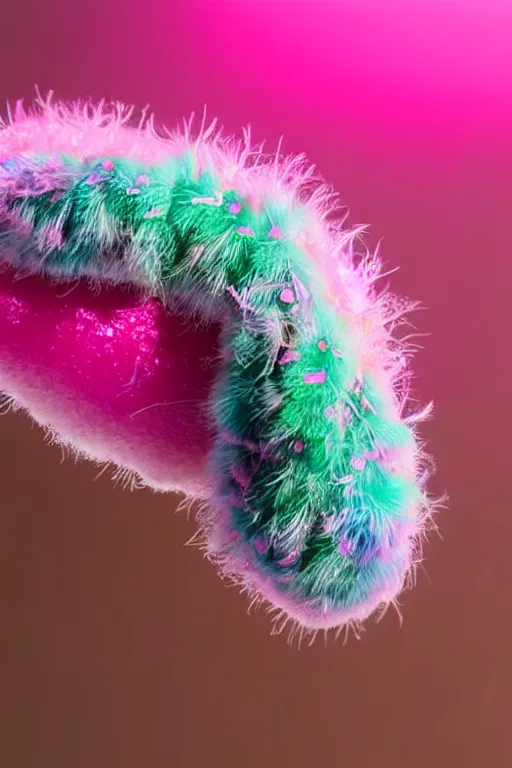 Image similar to high quality close-up photo pearlescent fluffy caterpillar! gorgeous highly detailed hannah yata elson peter cinematic pink lighting high quality low angle hd 8k sharp shallow depth of field