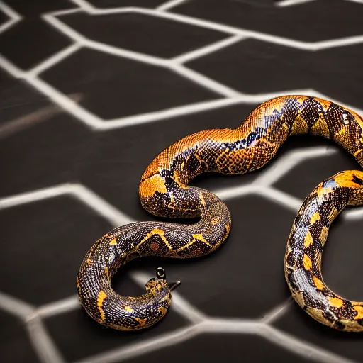 Image similar to infinite giant coiled snake with a metallic skull as the head, room interior, dark fantasy, XF IQ4, f/1.4, ISO 200, 1/160s, 8K, RAW, unedited, symmetrical balance, in-frame