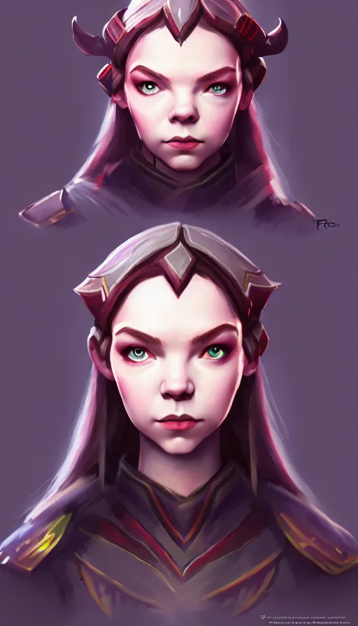 Prompt: portrait of anya taylor - joy as dota 2 game character, symmetrical, dota 2 concept art, character design by moby francke and drew wolf, artstation trending, sense of awe