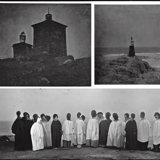 Prompt: worshippers dressed in robes and holding lanterns, belonging to the cult of the lighthouse. Dilapidated 1800s lighthouse. 1800s photo. Very detailed and clear image.