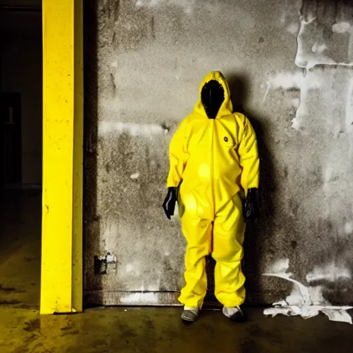 Image similar to a man wearing a yellow hazmat suit inside the very dark empty unsettling creepy backrooms, liminal space, flickering fluorescent lights, eerie mood