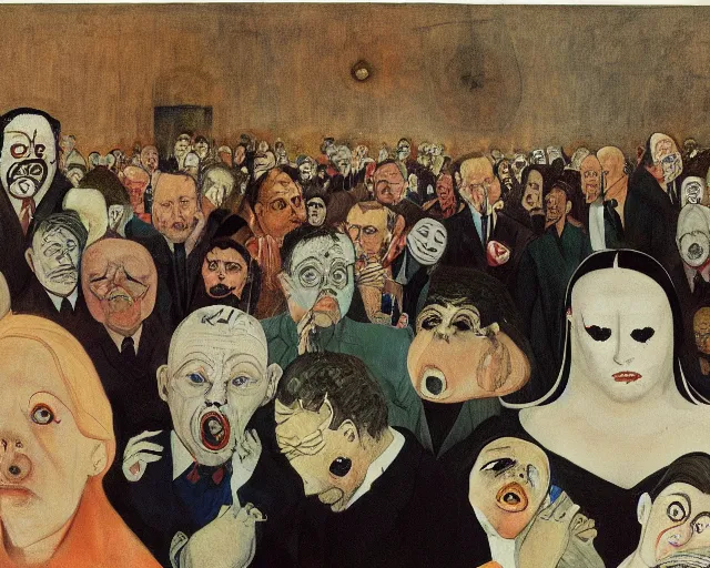 Image similar to the horror of beaurocracy, papers, horror, desks, office, waiting, stress, frustration, anger, crowded, harsh cinematic lighting, high qulity, 4 k, by charles addams and hilma af klint and affandi