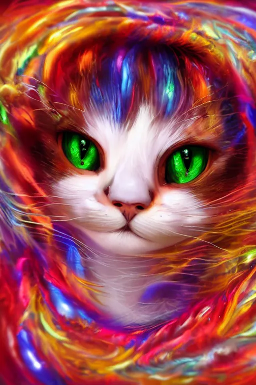 Prompt: Recursive image with a well rounded Calico feline, large eyes, shiny soft fur, anatomically correct, surrounded by swirling wisps of jelly, oil pastels and gold, anime, cartoon, modeled in Poser, Redshift render, UHD