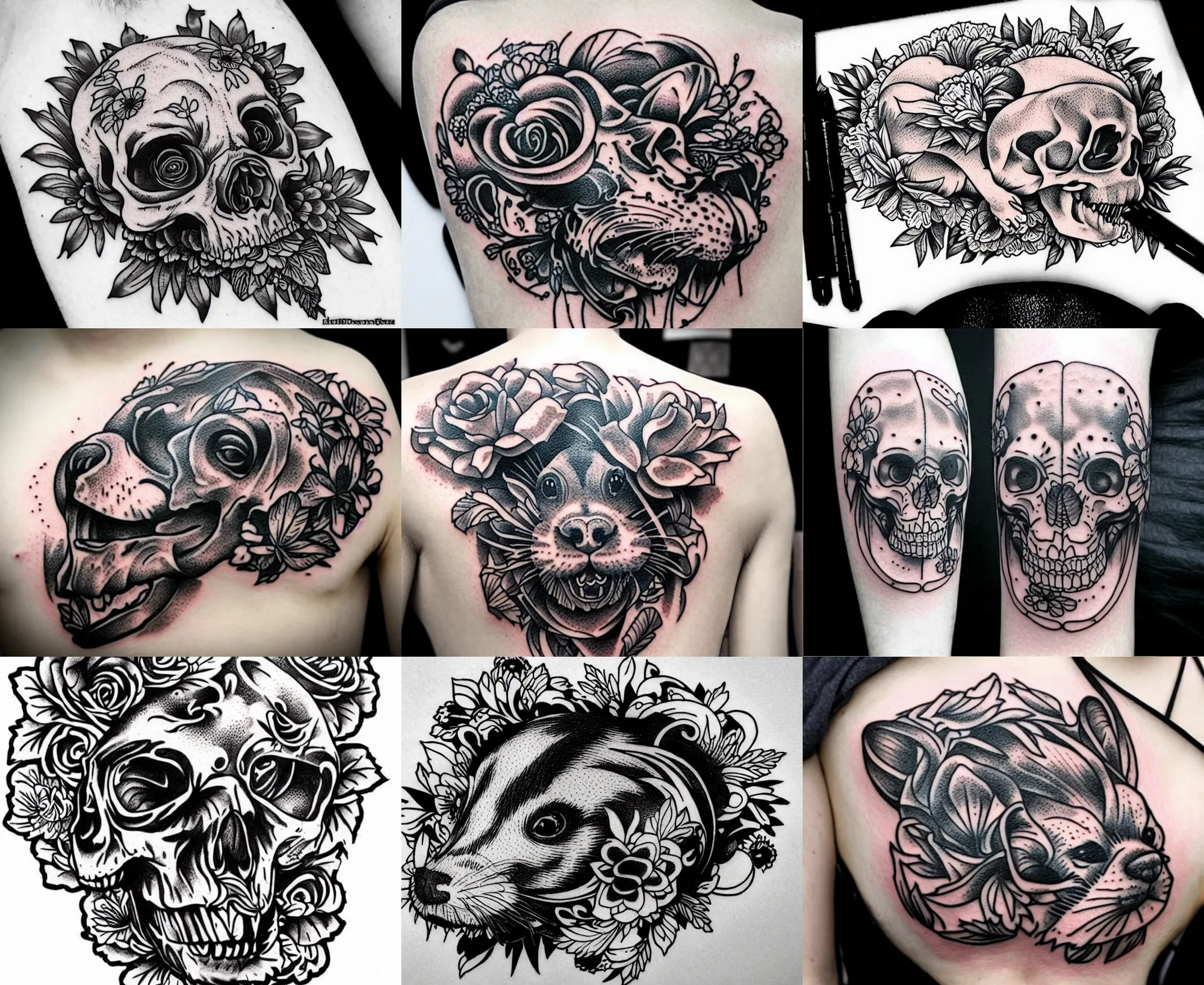 Image similar to detailed amazing tattoo stencil of a floral ferret crawling on a human skull