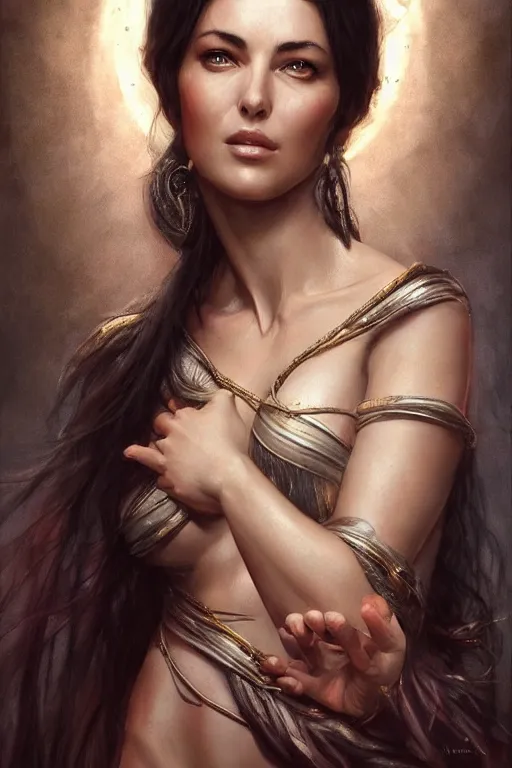 Image similar to monica bellucci as loving goddess, anatomy, only two hands, highly detailed, digital painting, artstation, concept art, smooth, sharp focus, illustration, unreal engine 5, 8 k, art by art by artgerm and greg rutkowski and edgar maxence
