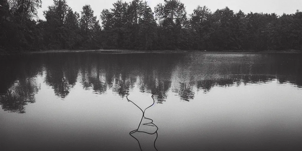 Image similar to symmetrical photograph of an long rope floating on the surface of the water, the rope is snaking from the foreground towards the center of the lake, a dark lake on a cloudy day, trees in the background, moody scene, dreamy kodak color stock, anamorphic lens