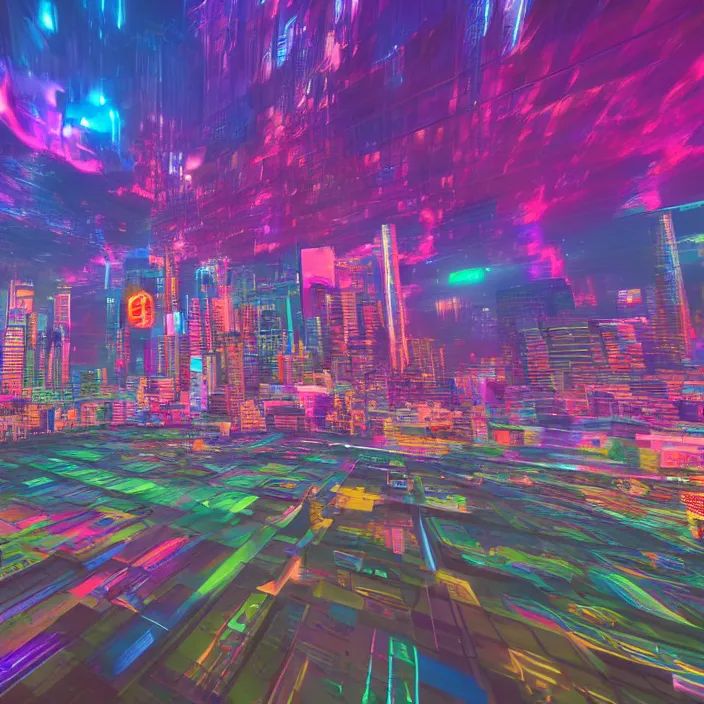 Image similar to wide ((wide)) photo of surreal city sky line (((dynamic neon lighting)) in chromatic dmt trippy style of fear and loathing unreal engine 50mm photorealistic