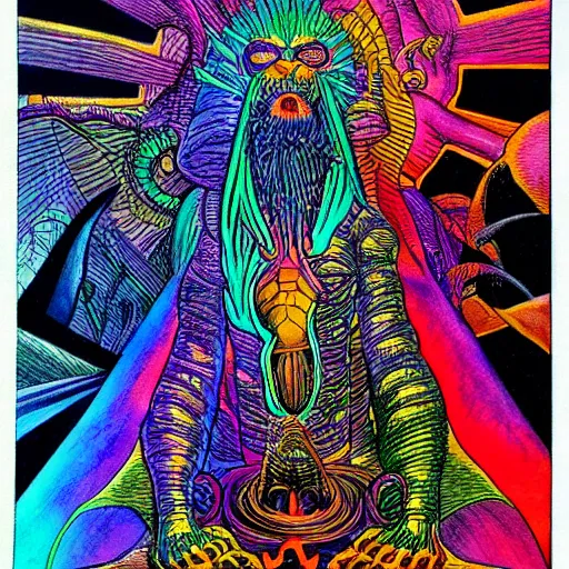 Prompt: marduk, devourer of worlds, detailed colored ink art in dark and vibrant colors art by moebius on dmt and shrooms