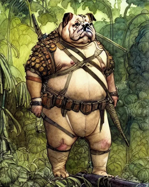 Prompt: a realistic and atmospheric watercolour fantasy character concept art portrait of a fat adorable chibi bulldog soldier with body armor in the jungle, by rebecca guay, michael kaluta, charles vess and jean moebius giraud