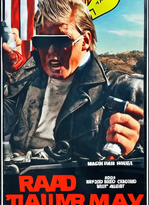 Prompt: an 8 0's john alvin action movie poster starring real donald trump mad max. sunglasses.