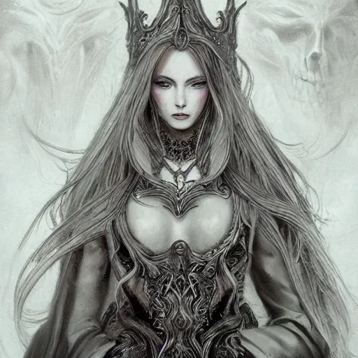 Image similar to portrait of a ranni the witch from elden ring, baroque style, elegant, beautiful, mesmerizing, concept art, highly detailed, artstation, behance, deviantart, inspired by innocent manga, inspired by castlevania concept art, trending, ayami kojima, shinichi sakamoto