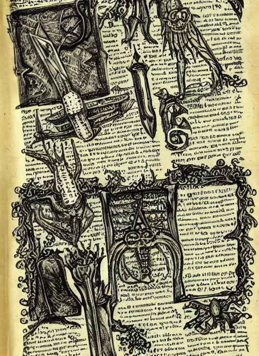 Image similar to a full page scan of handwritten evil spells, illustrated, intricate writing, knives made of human bones, satanic, evil, grimoire page, necronomicon style