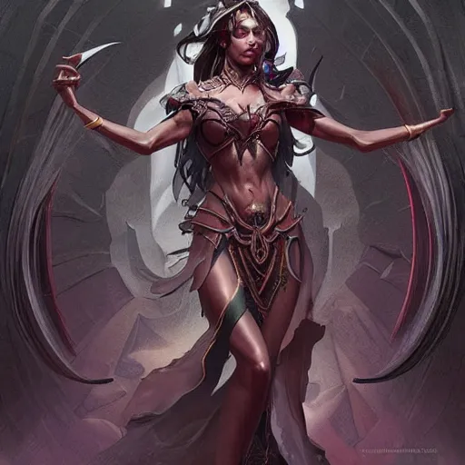 Image similar to Female Dark Elf casting a spell in a dynamic pose, D&D, fantasy, intricate, elegant, highly detailed, digital painting, artstation, concept art, matte, sharp focus, illustration, Arcane, art by Artgerm and Greg Rutkowski and Alphonse Mucha