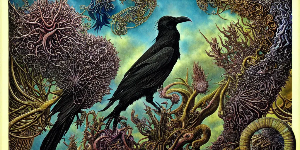 Image similar to artistic drawing of a crow, made of engrenage, surrealism by roger dean and andrew ferez, art forms of nature by ernst haeckel, divine chaos engine, symbolist, visionary, art nouveau, botanical fractal structures, organic, detailed, realistic, surreality