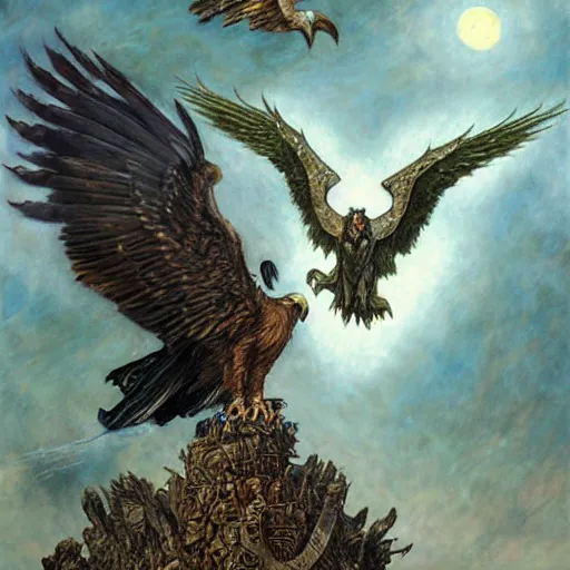 Image similar to giant eagle eating a flying harpy with huge eagle wings being eaten by giant eagle, d & d, fantasy, luis royo, magali villeneuve, donato giancola, wlop, krenz cushart, hans zatka, klimt, alphonse mucha