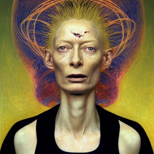 Prompt: Woman masterpiece, Tilda Swinton, gold liquid, bald, multiple halos, blood dripping down the head, yellow, galaxies in the background, golden halo behind her head, wires everywhere, by Edgar Maxence and Ross Tran, Zdzisław Beksiński, and Michael Whelan, gustav dore, H.R. Giger, 8k, octane render