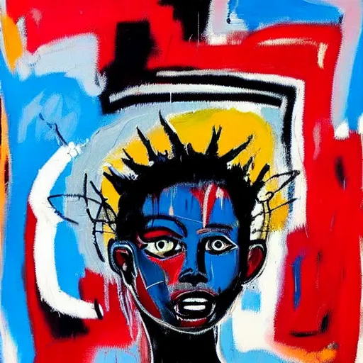 Prompt: A pretty woman with devil horns wearing a silver mini dress standing on the ocean, pitchfork, creative background, abstract jean-Michel Basquiat oil painting with thick paint strokes, oil on canvas, intricately!!! detailed!!!