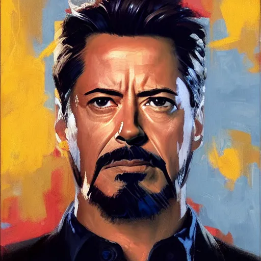 Image similar to greg manchess portrait painting of tony stark in a golden frame, medium shot, asymmetrical, profile picture, organic painting, sunny day, matte painting, bold shapes, hard edges, street art, trending on artstation, by huang guangjian and gil elvgren and sachin teng