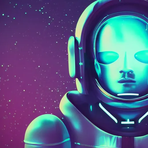 Image similar to cyberpunk astronaut bot, cinema 4 d, galaxy space sci - fi, wearing vr goggles, illustration, portrait, pastel neon textured background night, detailed,