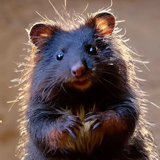 Prompt: a long black hair wig on a quokka with long black hair and glasses