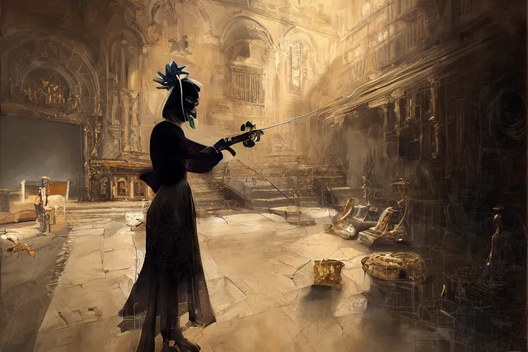 Image similar to craig mullins and ghibli digital art of on the stage of the theater, a masked female violinist performs alone, dressed in exotic costumes, gold jewelry, and black hair realistic shading, cinematic composition, realistic render, octane render, detailed textures, photorealistic, wide shot