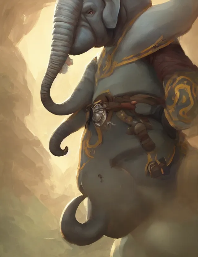 Image similar to portrait painting of a loxodon character wearing bard costume, dnd 5 e, trending on artstation, masterpiece, by ross tran and by greg rutkowski