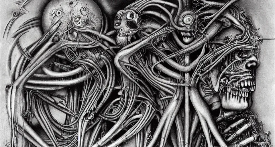 Image similar to the two complementary forces that make up all aspects and phenomena of life, by HR Giger