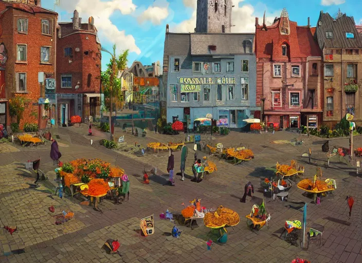 Image similar to dublin townsquare, summer morning, very coherent and colorful high contrast, art by gediminas pranckevicius, geof darrow, dark shadows, hard lighting