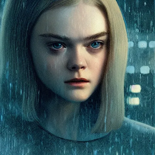 Image similar to ultra realistic head and shoulders masterpiece of elle fanning in blade runner 2 0 4 9, art by frank frazetta, 4 k, ultra realistic, highly detailed, epic lighting