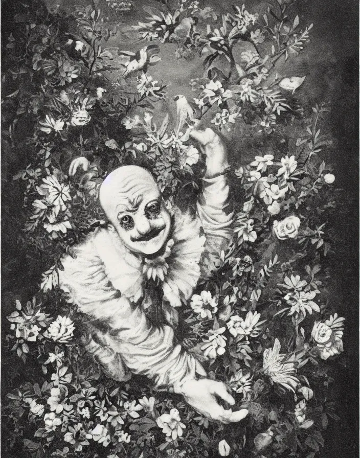 Prompt: a clown, birds, flowers. baroque elements. Vintage 1800s photograph.