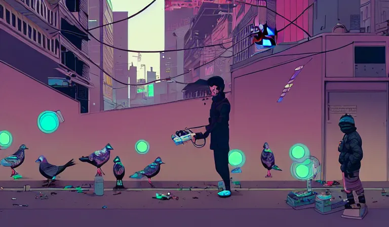 Image similar to cyborg feeding electric pigeons at a dirty crowded streetcorner, cyberpunk, by Josan Gonzalez and Tomer Hanuka, bokh, dof