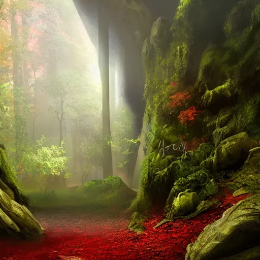Prompt: red glow coming from cave entrance in ethereal lush forest with mystical ambiance and fog, desaturated, realistic, sharp focus, highly detailed, by artgerm
