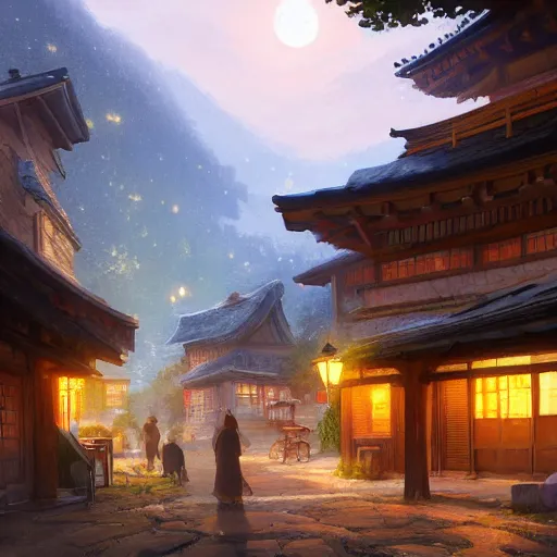 Image similar to concept art painting of a cozy village at night in a mountainous forested valley, historic european and japanese architecture, realistic, detailed, cel shaded, in the style of makoto shinkai and greg rutkowski and james gurney