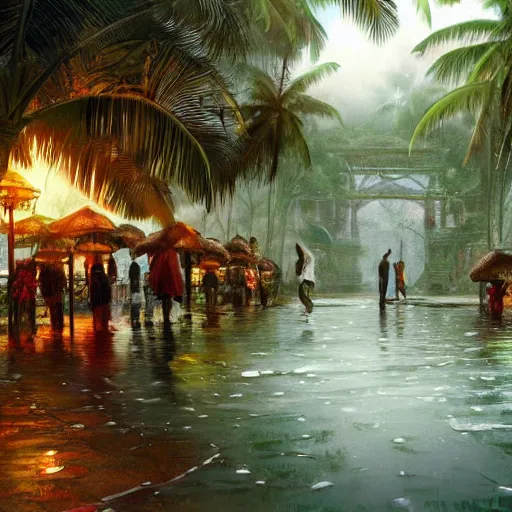 Prompt: monsoon on tropical island, ornate, beautiful, atmosphere, vibe, mist, coconuts, rain, wet, pristine, puddles, melting, dripping, snow, creek, lush, ice, bridge, forest, roses, flowers, by stanley artgerm lau, greg rutkowski, contest winner, trending on artstation